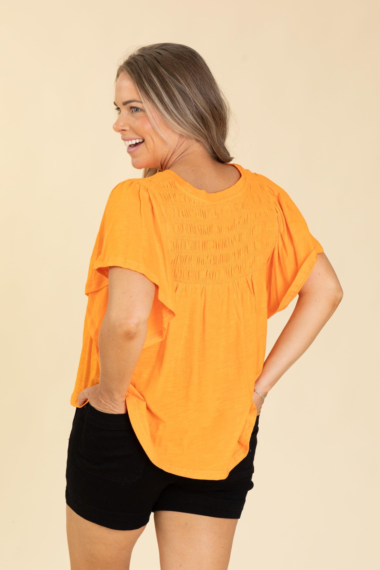 Orange Smocking Detail Flutter Sleeve Knit Top Product Image