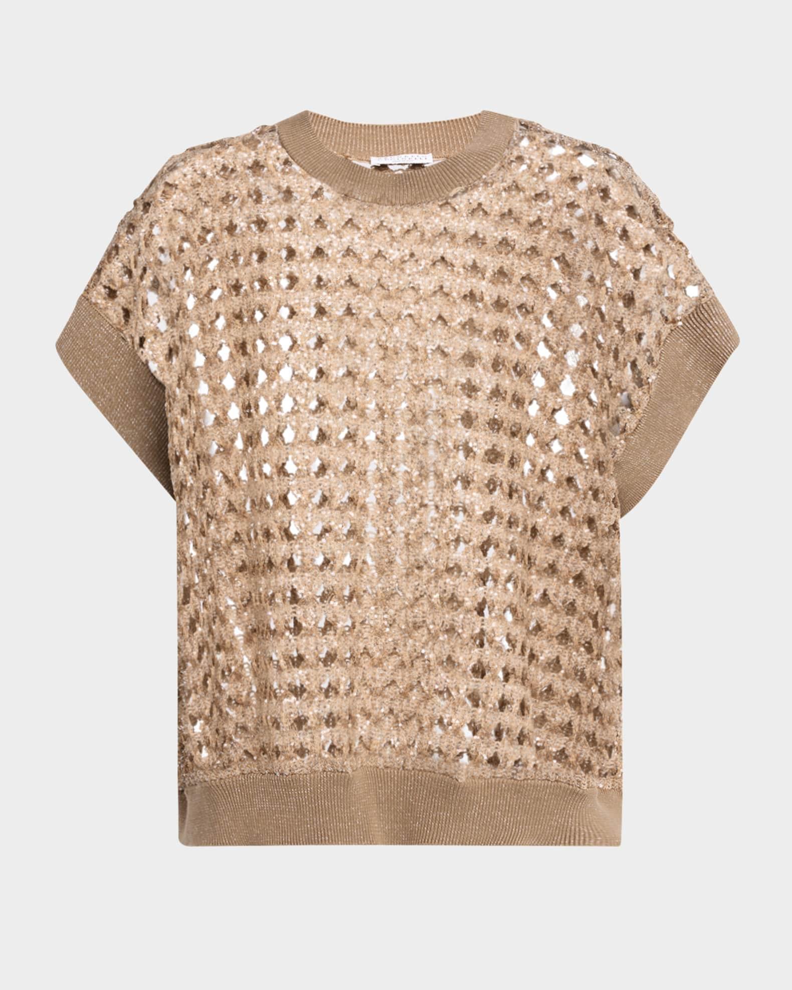 Short-Sleeve Paillette Cotton-Jute Open Knit Sweater Product Image