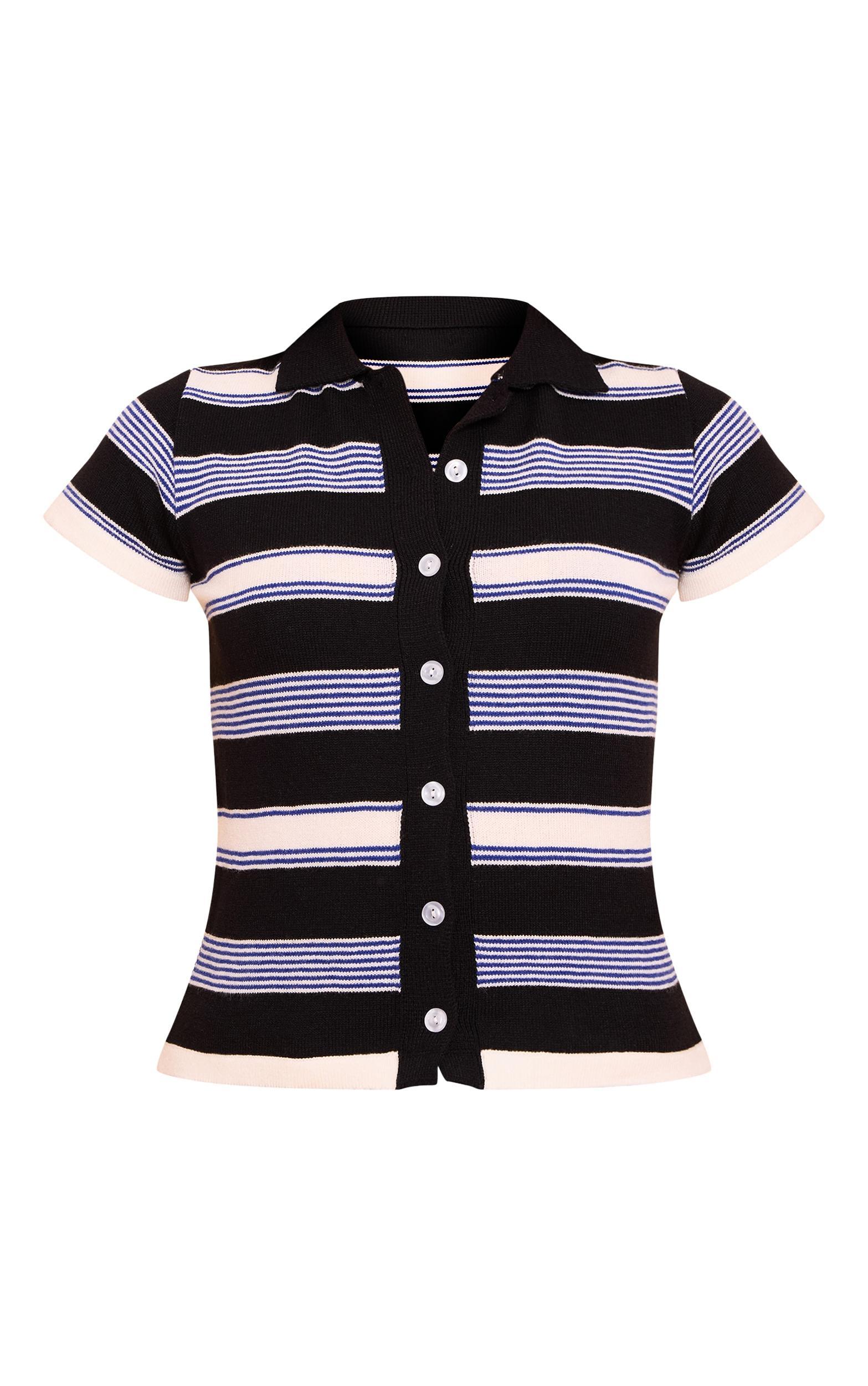 Navy Stripe Knit Polo Top Product Image