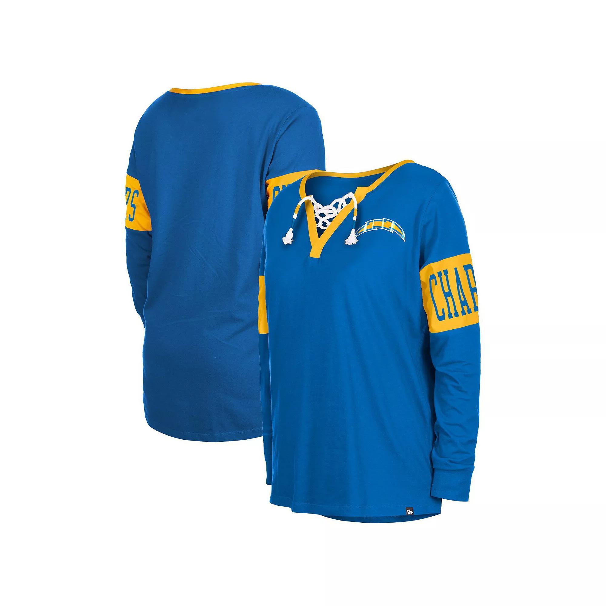 Women's New Era Royal Los Angeles Chargers Lace-Up Notch Neck Long Sleeve T-Shirt,  Product Image