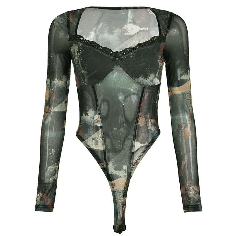 Long Sleeve Square-Neck Lace-Trim Bow Accent Graphic Print Bodysuit Top  Product Image