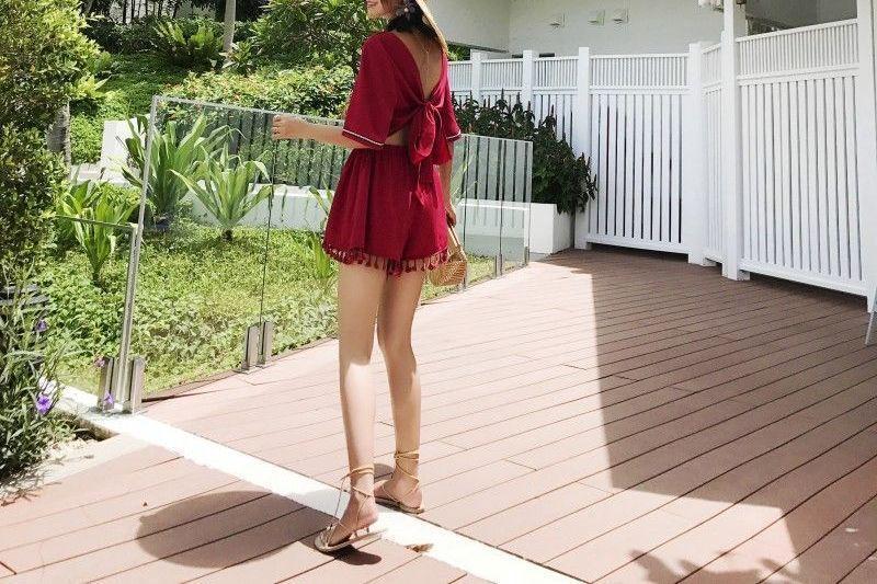 Elbow-Sleeve Bow Back Fringed Romper Product Image