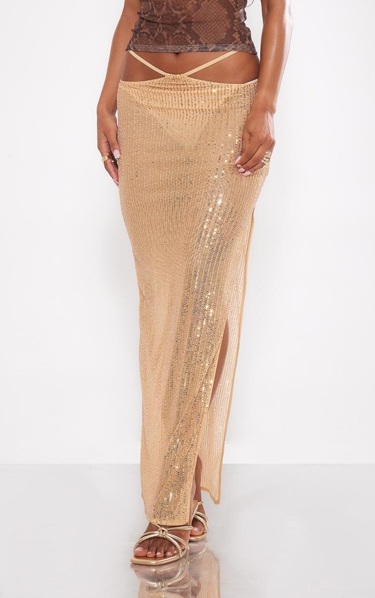 Gold Sheer Sequin Tie Waist Maxi Skirt Product Image