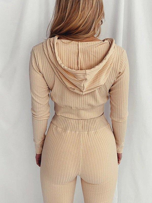 Zip Up Crop Hoodie & Drawstring Waist Pants Set Product Image