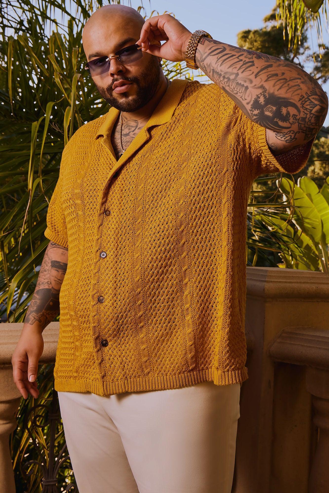 Unwind Cable Knit Short Sleeve Button Up - Mustard Product Image