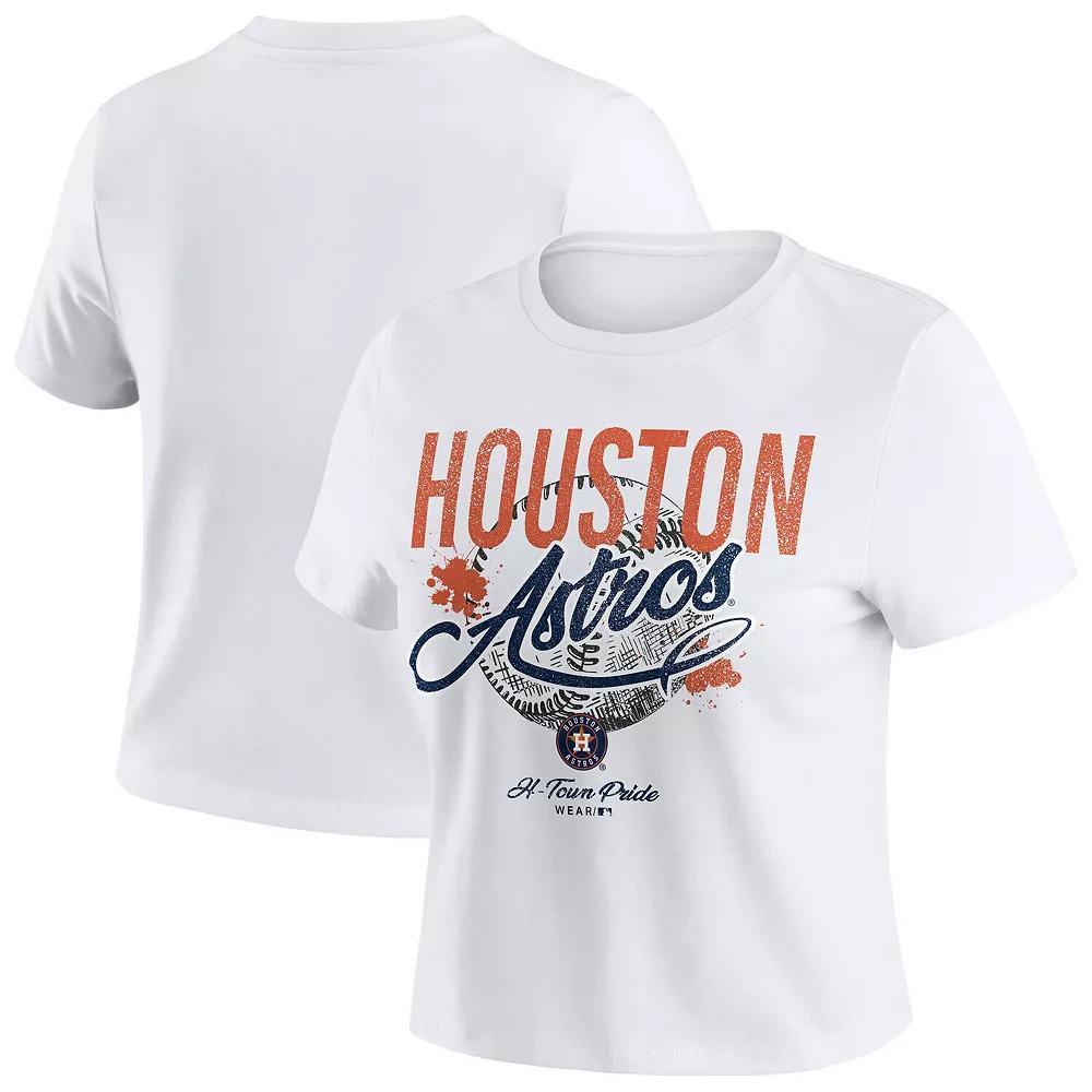 Women's WEAR by Erin Andrews White Houston Astros Distressed Cropped Baby T-Shirt,  Product Image
