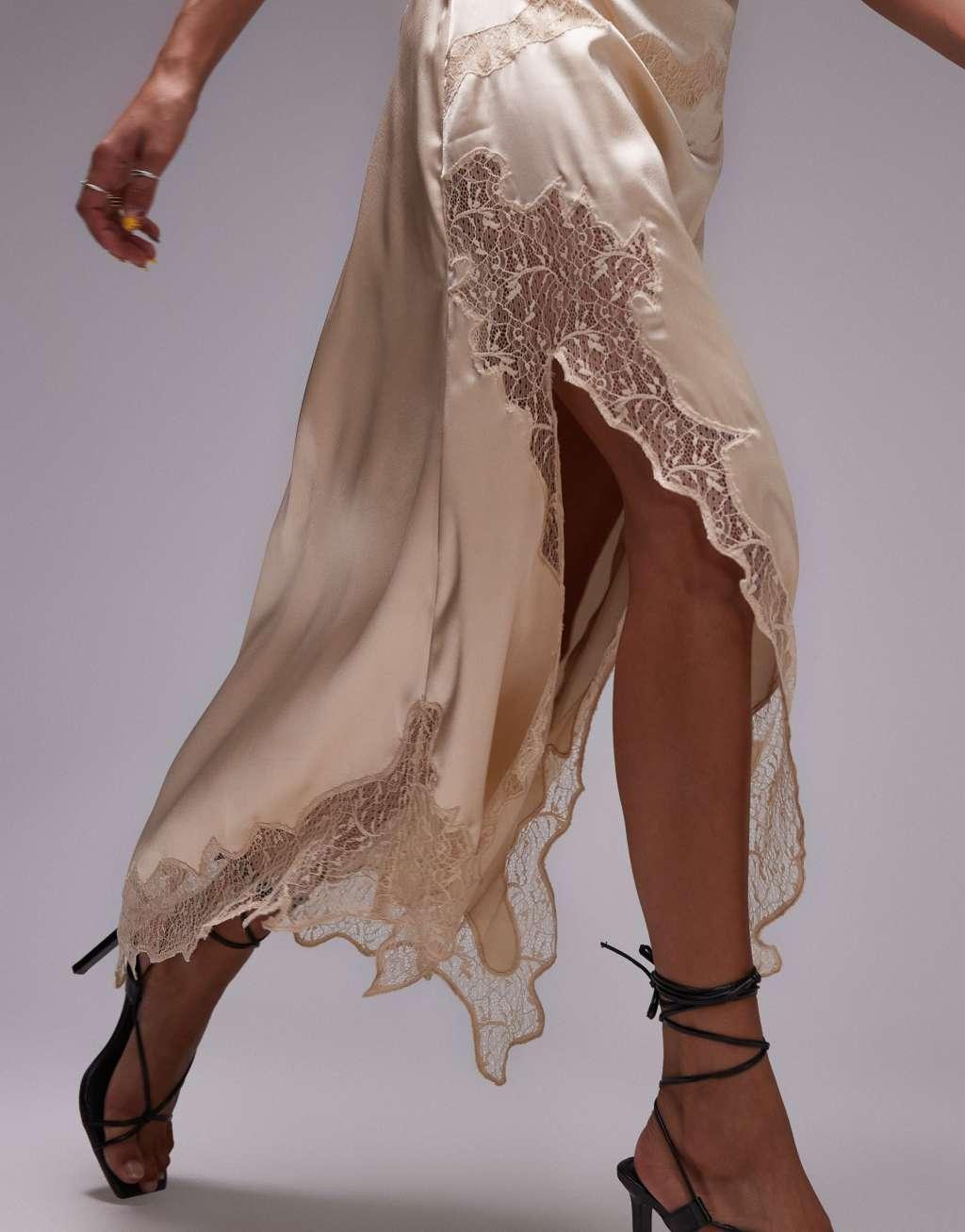 Topshop satin and lace maxi skirt in oyster Product Image