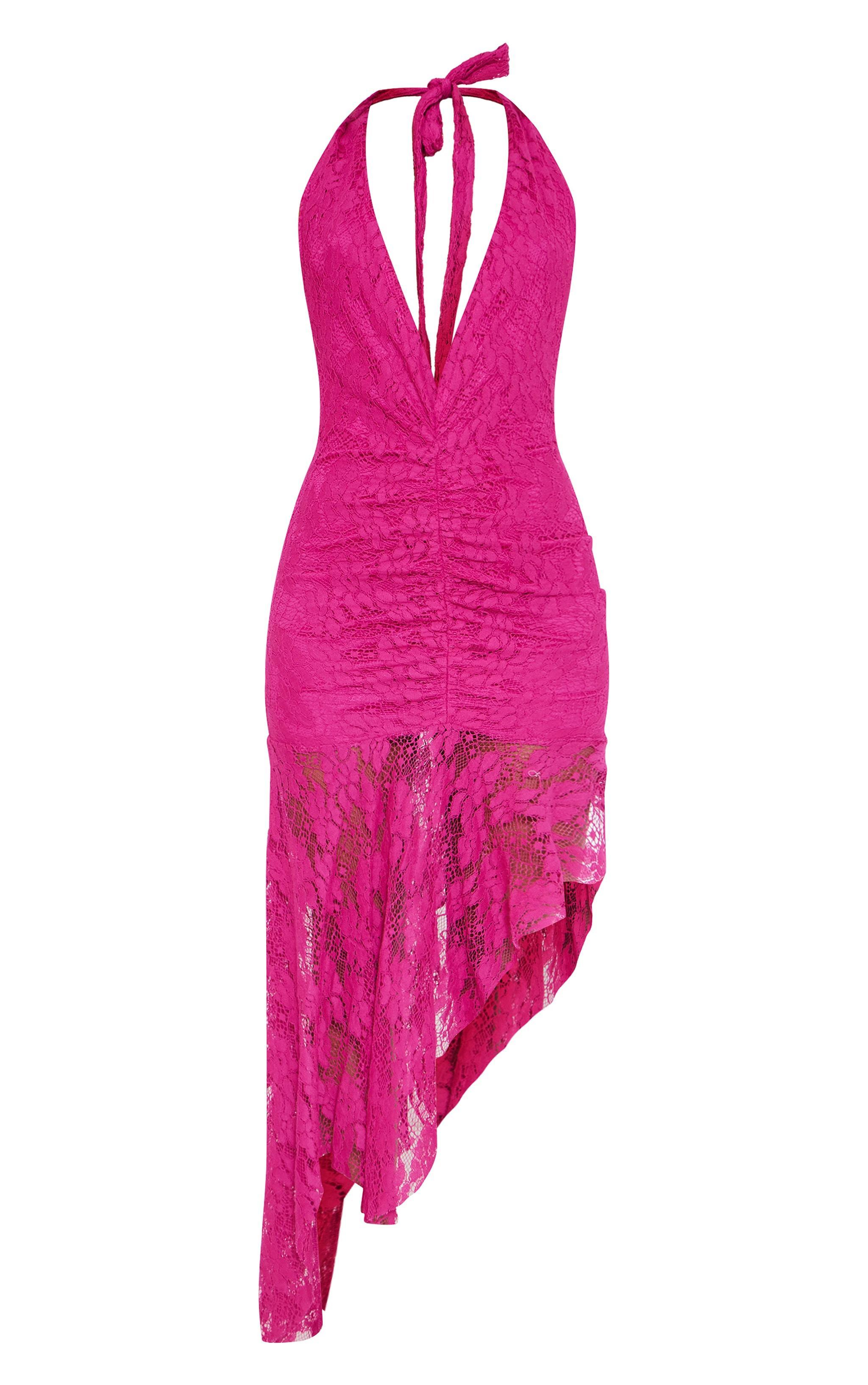 Magenta Lace Plunge Neck Ruched Asymmetric Hem Midi Dress Product Image