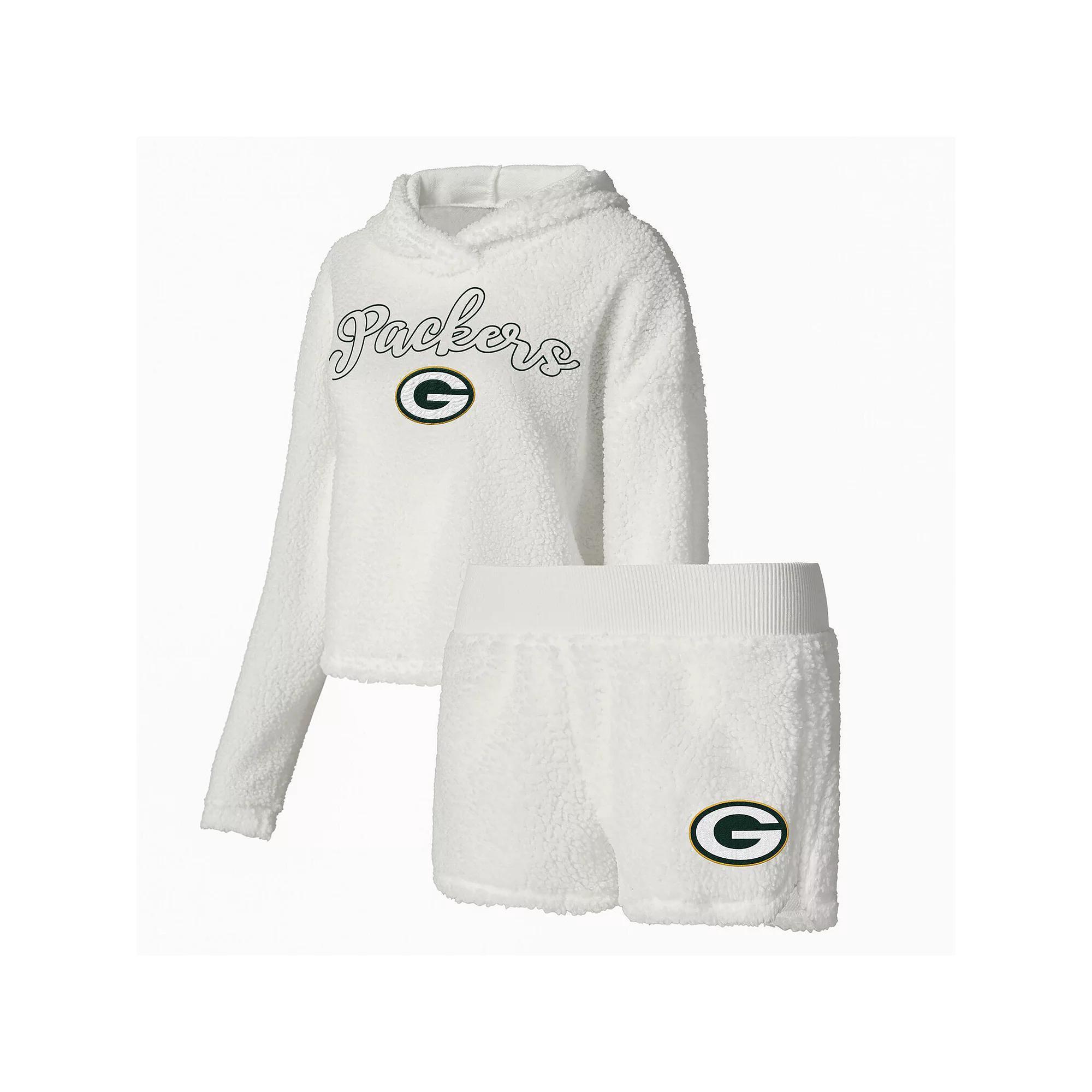 Women's Concepts Sport White Green Bay Packers Fluffy Pullover Sweatshirt & Shorts Sleep Set,  Product Image