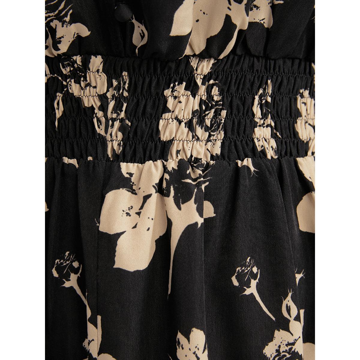 Plus Size Floral V Neck Button Pocket Shirred Midi Dress Black Women Elegant Pocket V-neck Long Sleeve Curvy Midi Dress BloomChic 30/6X Product Image