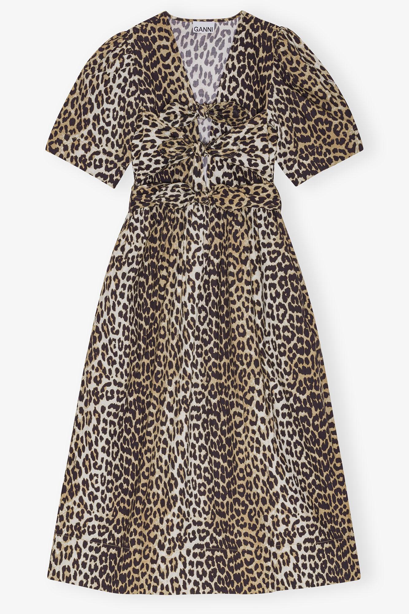 Leopard Printed Cotton Tie Strap Midi Dress Product Image