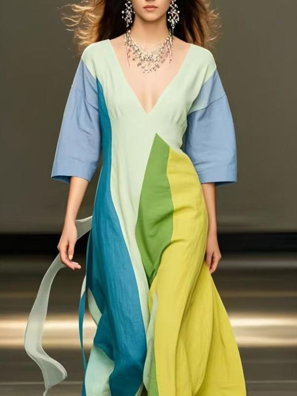 Loose Three-Quarter Sleeves Colorful Contrast Color V-Neck Maxi Dresses Product Image