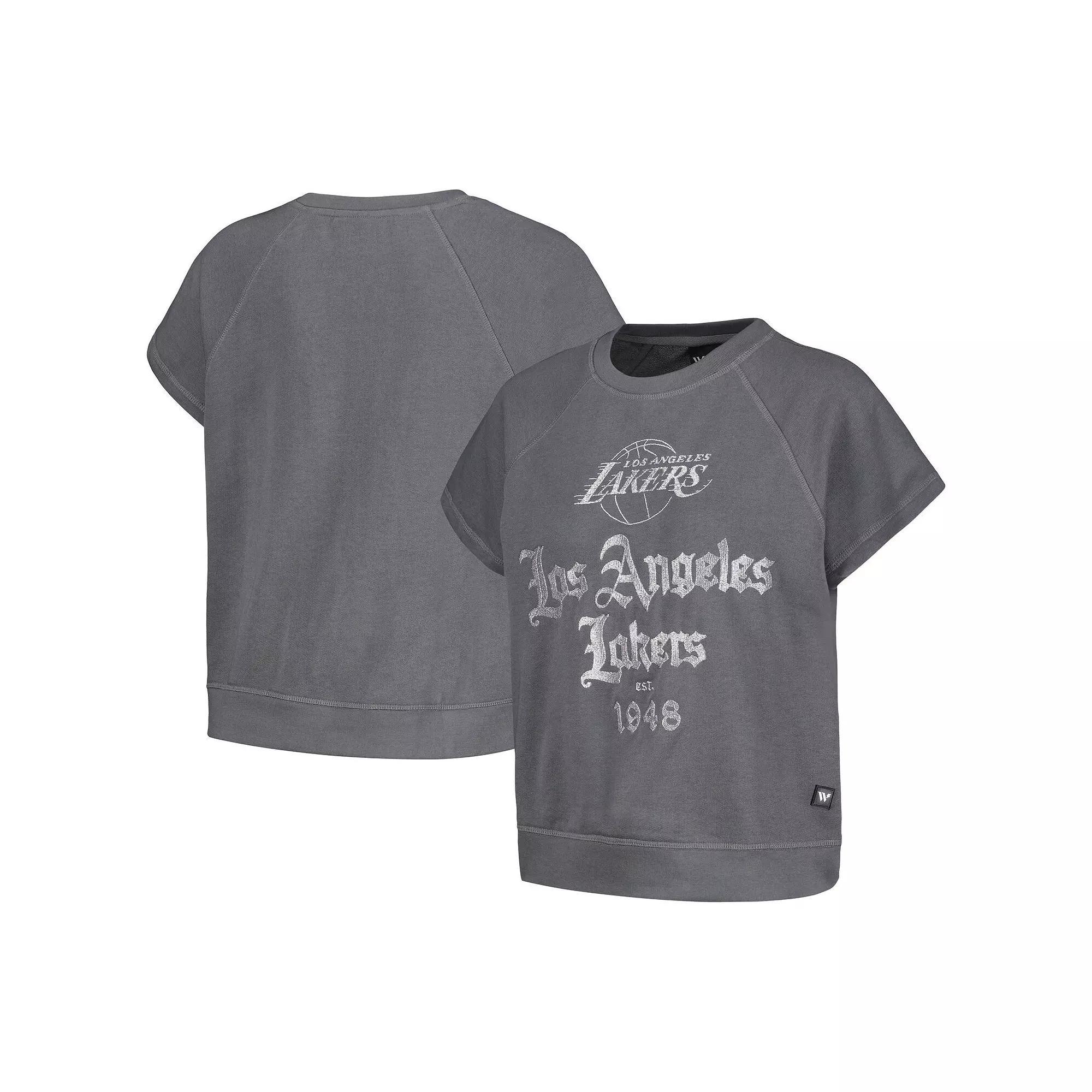 Women's The Wild Collective Gray Los Angeles Lakers Embroidered Fleece Raglan Short Sleeve Pullover Sweatshirt,  Product Image