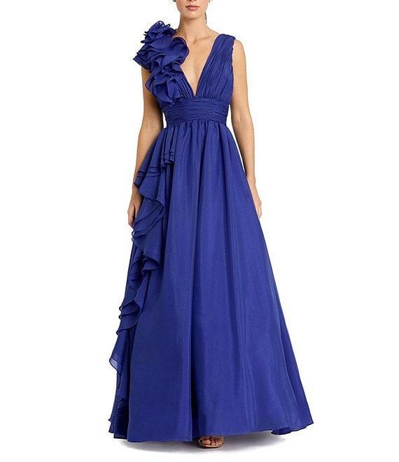 Mac Duggal Deep V-Neck Sleeveless Ruffled Shoulder Ball Gown Product Image