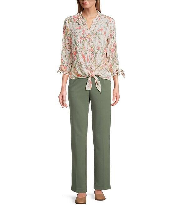 Allison Daley Ikat Diamond Print 3/4 Tie Sleeve Y-Neck Button Front Tie-Hem Blouse Product Image