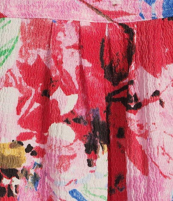 Calessa Antique Floral Print Textured Crinkle Point Collar Long Sleeve Button Front Tunic Product Image