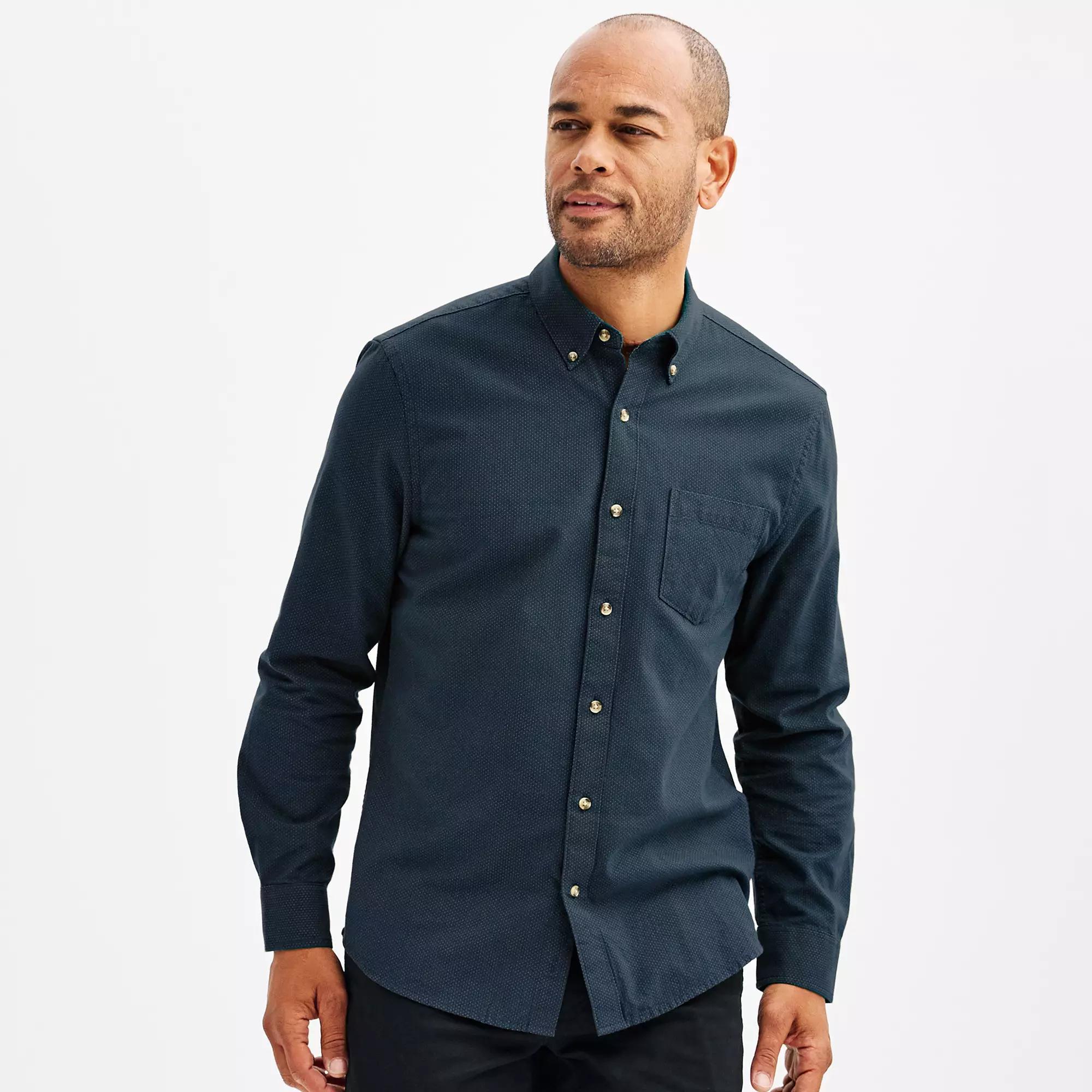 Men's Sonoma Goods For Life® Long Sleeve Perfect Length Button-Down Shirt, Size: XL, Blue Pin Dot Product Image