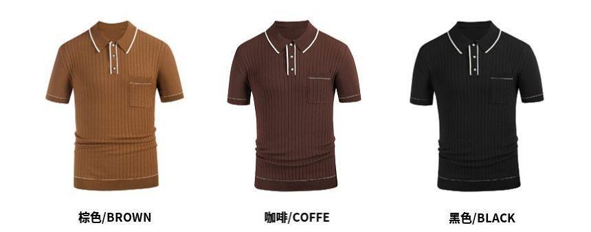 Short-Sleeve Contrast Trim Ribbed Knit Polo Shirt Product Image