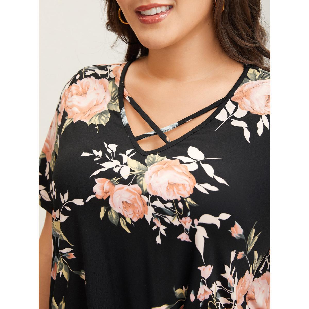 Plus Size Stretchy Larger Flower Print Neck Tie T-Shirt BlackFlower Women Contrast V-neck Everyday-Elegant T-shirts BloomChic 18-20/2X Product Image