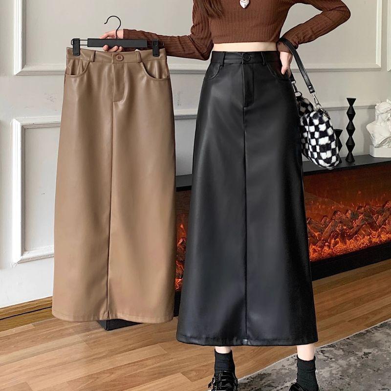 High Rise Plain Faux Leather Maxi A-Line Skirt Product Image