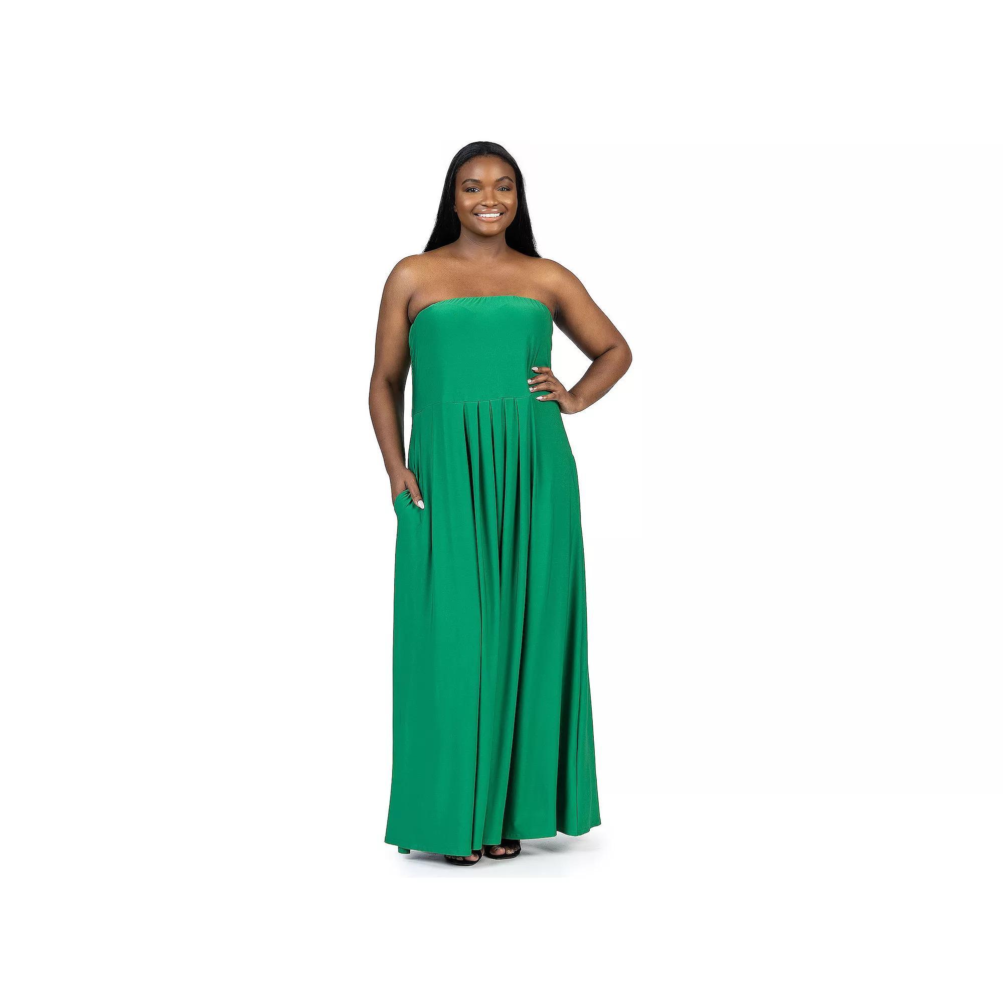 Plus Size 24Seven Comfort Apparel Pleated A Line Strapless Maxi Dress With Pockets, Women's, Size: 3XL, Green Product Image