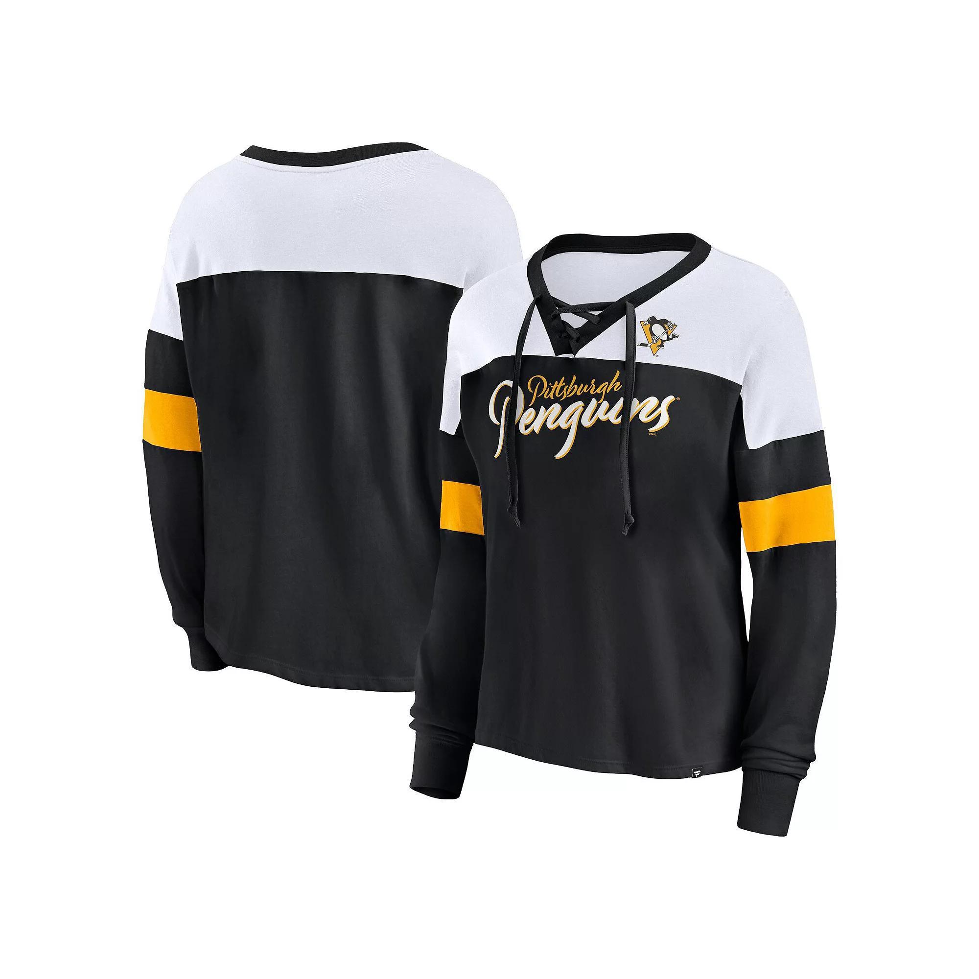 Women's Fanatics Black Pittsburgh Penguins Take the Shot Long Sleeve Lace-Up V-Neck T-Shirt, Size: Medium Product Image