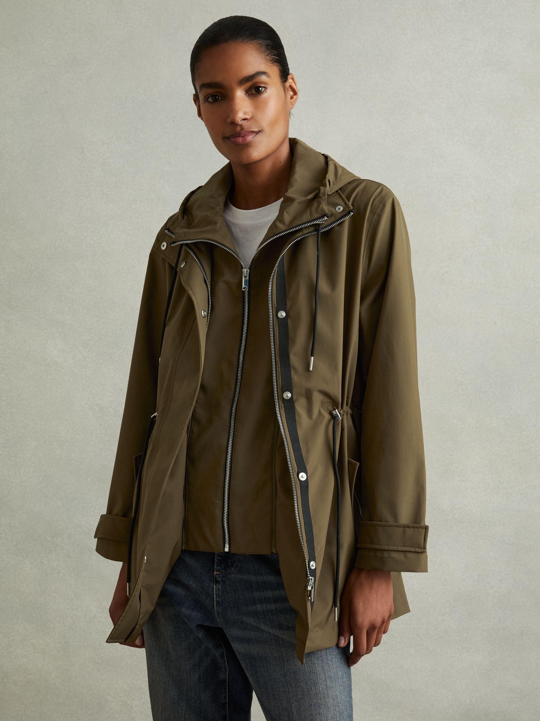 Removable Hooded Insert Water Repellent Raincoat in Khaki Product Image