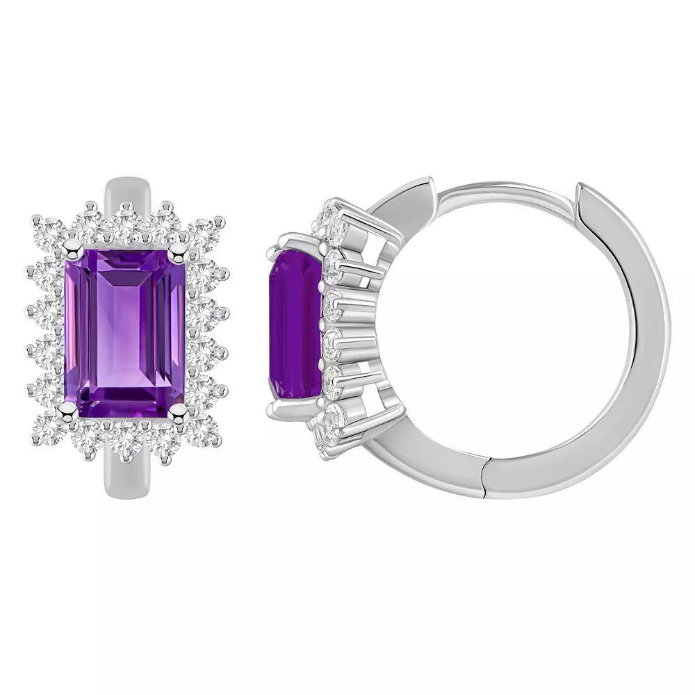 Celebration Gems Sterling Silver Emerald Cut Gemstone & White Topaz Halo Huggie Hoop Earrings, Women's, Purple Product Image