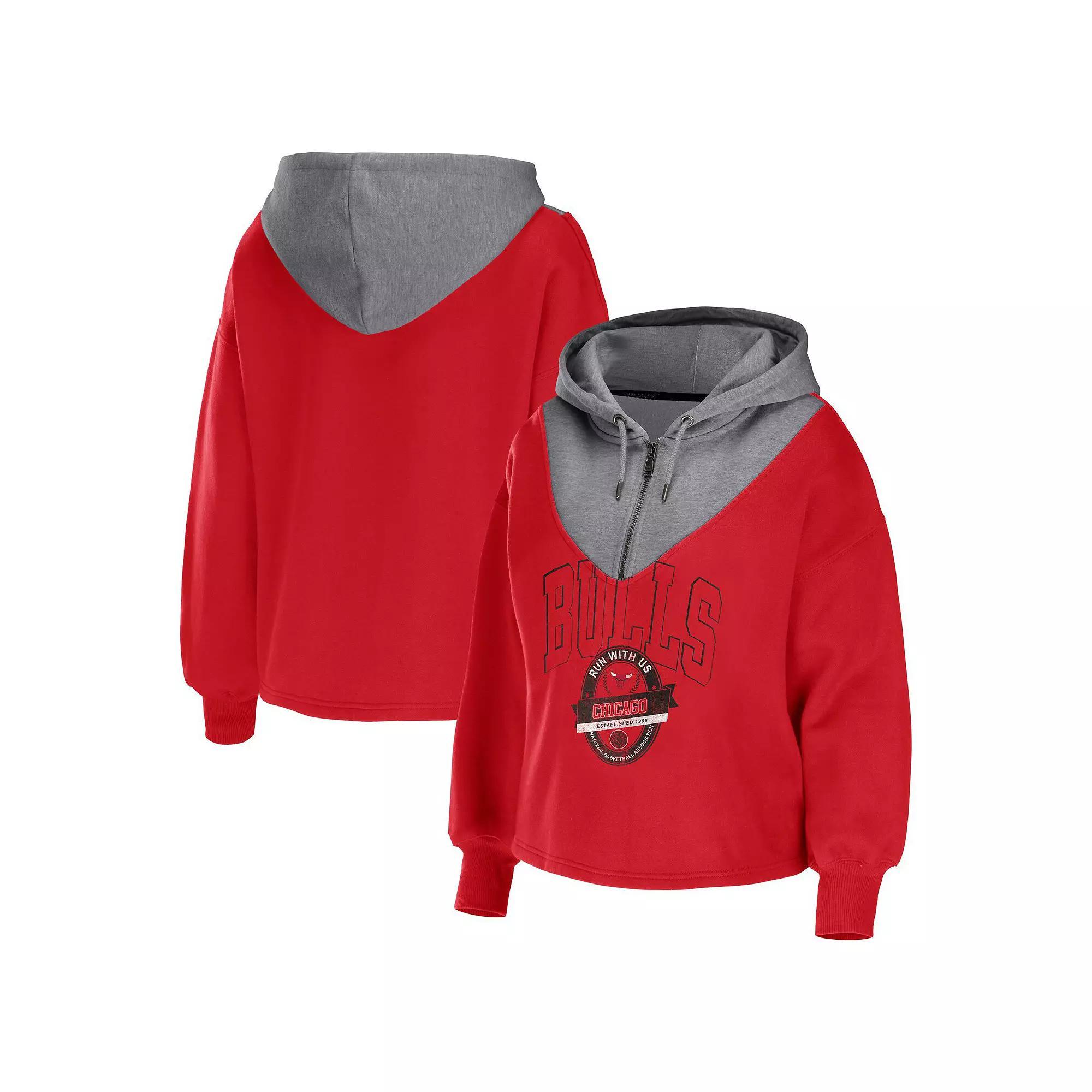 Women's WEAR by Erin Andrews Red Chicago Bulls Pieced Quarter-Zip Hoodie Jacket,  Product Image