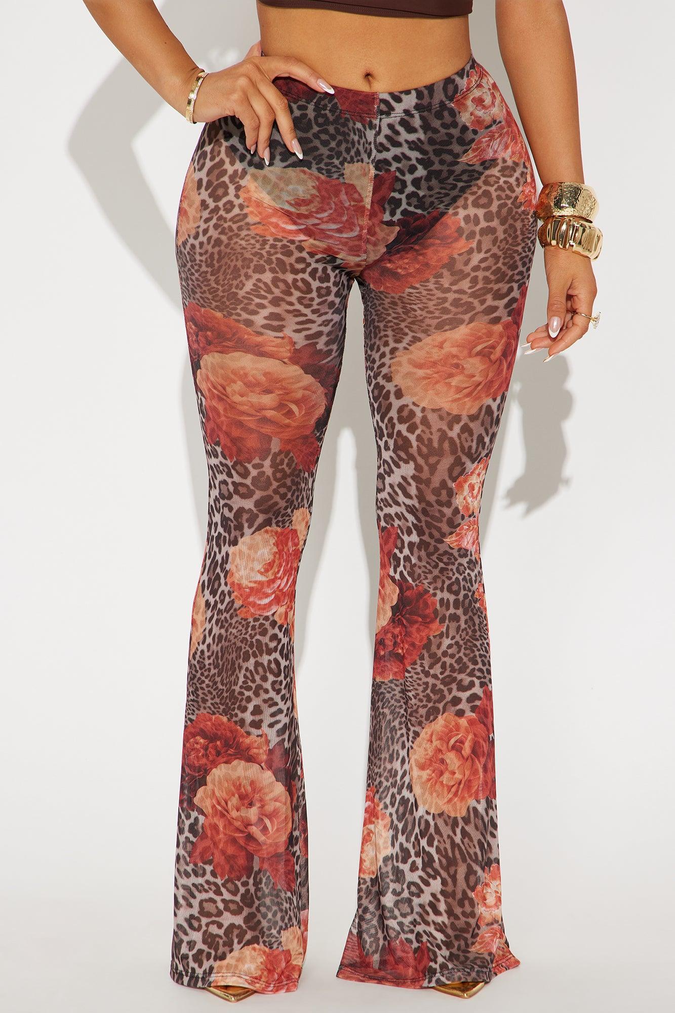 Later Tonight Floral Leopard Print Mesh Flare Pant - Brown/combo Product Image