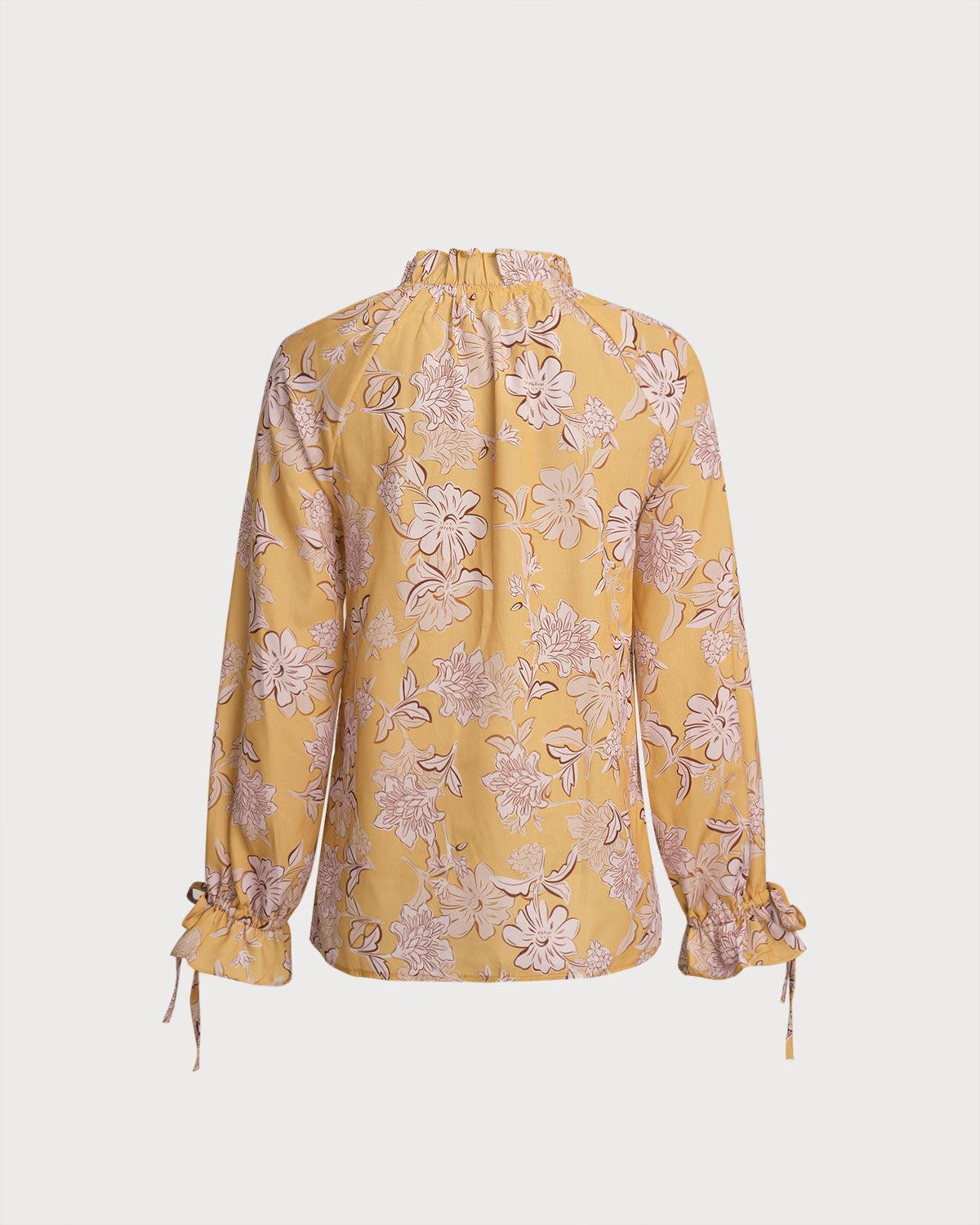 Yellow Floral Ruffle Bell Sleeve Shirt Product Image