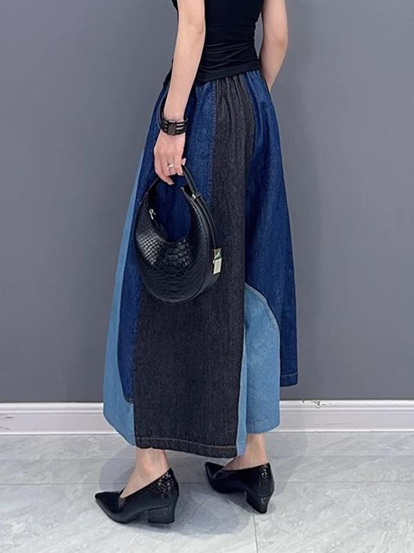 Loose Wide Leg Contrast Color Elasticity Split-Joint Jean Pants Bottoms Product Image