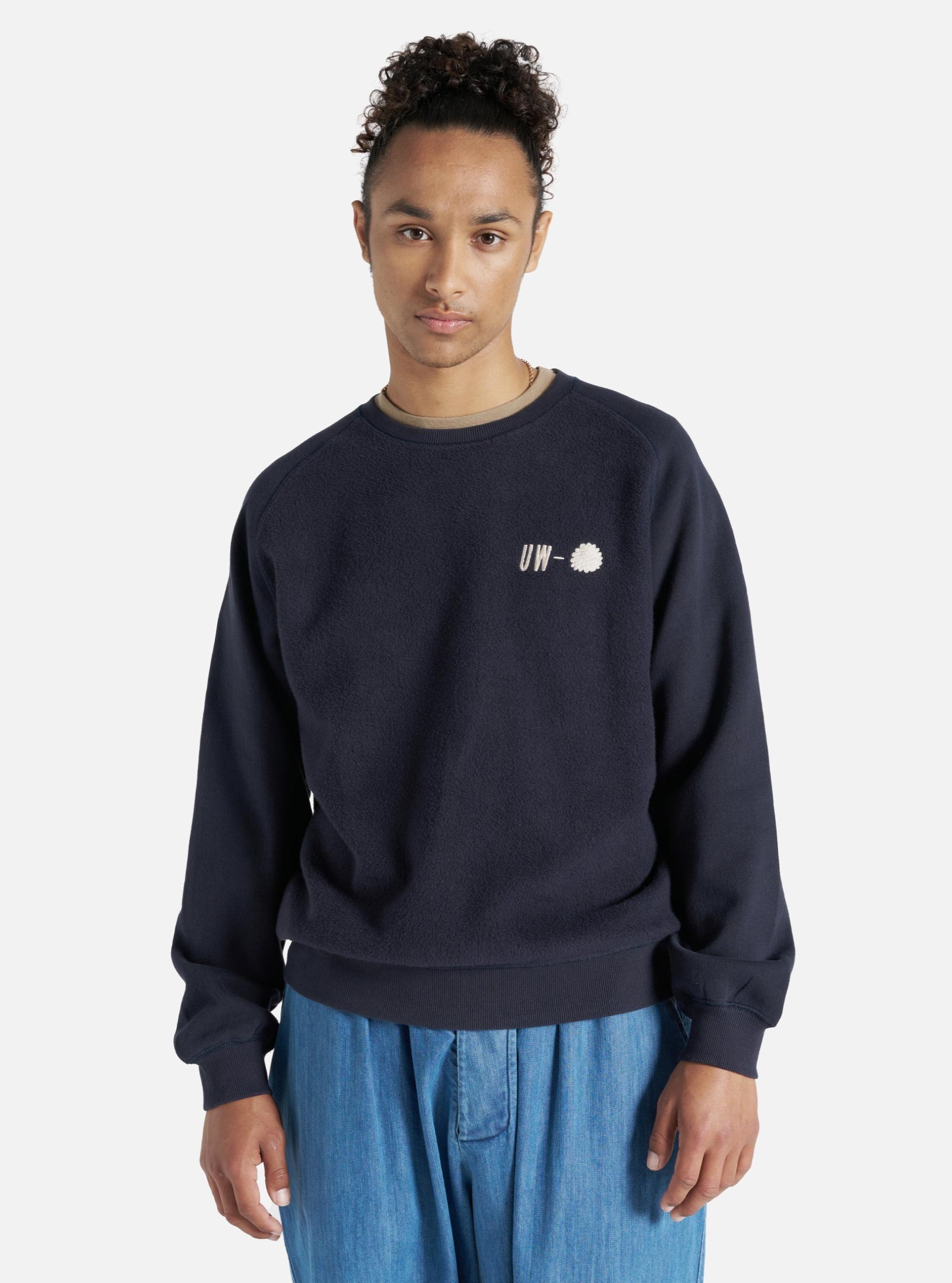 Universal Works Crew Sweat in Navy 'Hotel Deluxe' Embroidered Brush Back Product Image