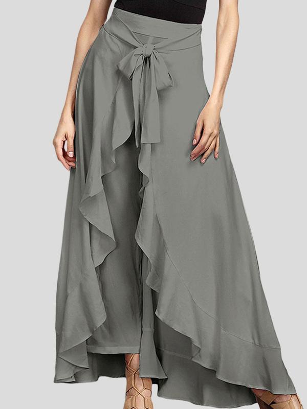 Loose Ruffle Trim Solid Color Split-Joint Tied Waist Zipper Culotte Product Image