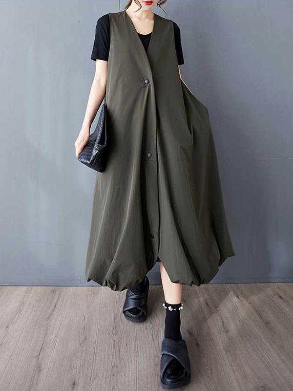 A-Line Loose Buttoned Pleated Pockets Solid Color V-Neck Midi Dresses Vest Outerwear Product Image