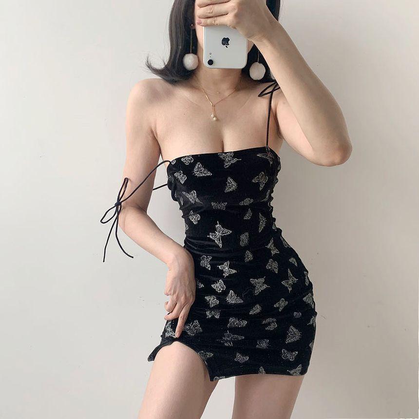 Spaghetti Strap Butterfly Print Slit Mini Bodycon Dress Product Image