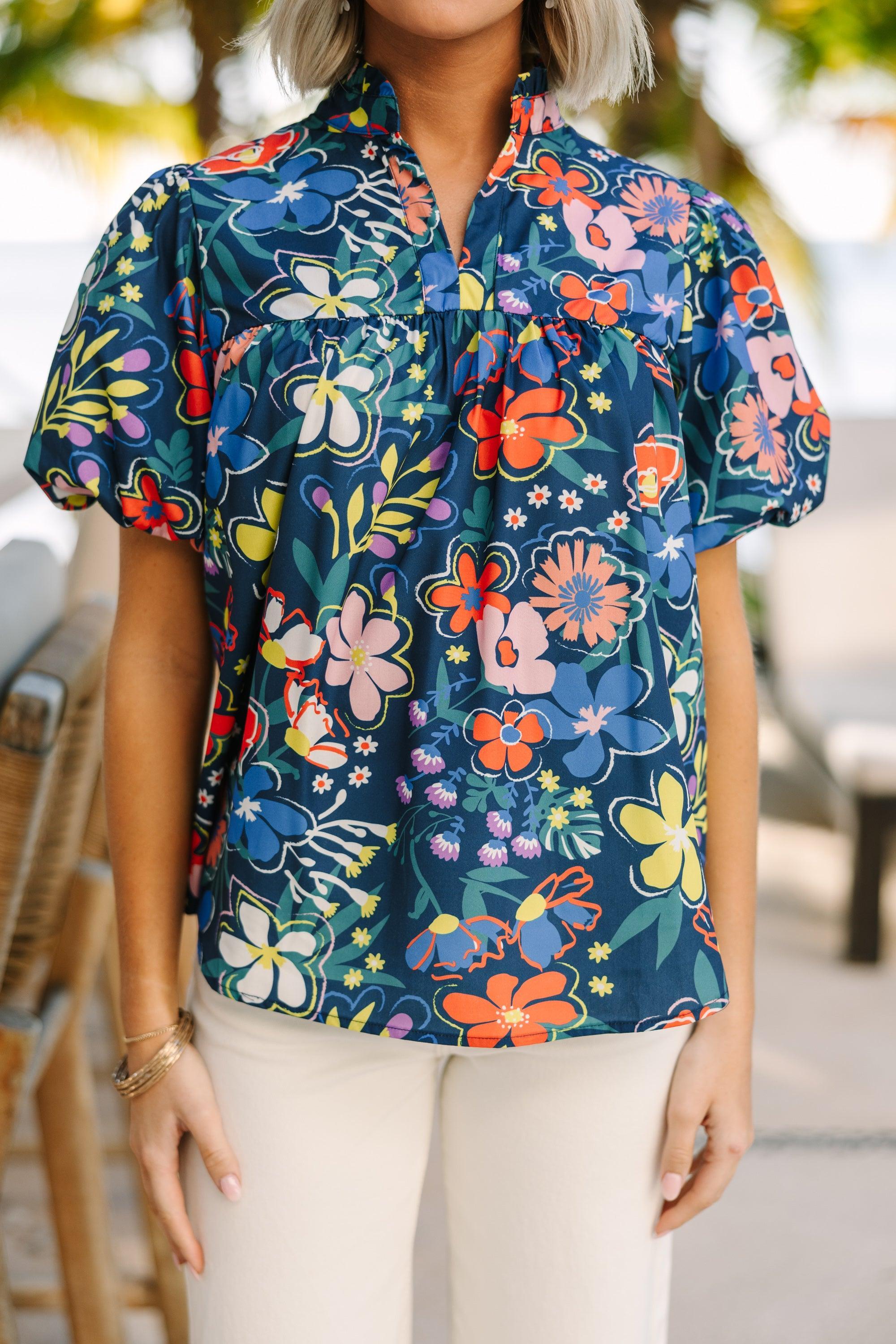 When You Know Navy Blue Floral Blouse Female Product Image