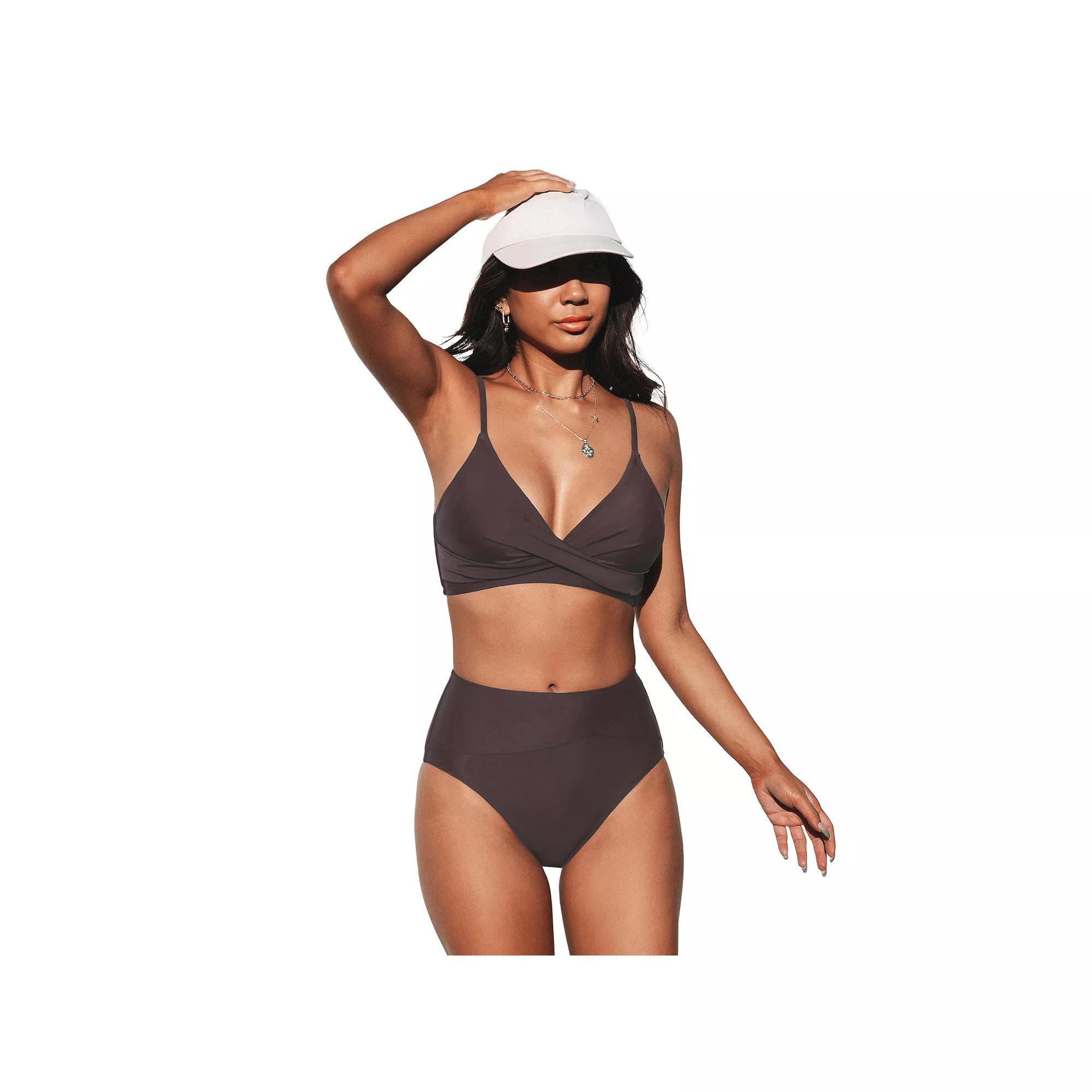 Women's Cupshe V-Neck Wrap Twist Top & High Waisted Bottoms Bikini Set, Size: Medium, Brown Product Image