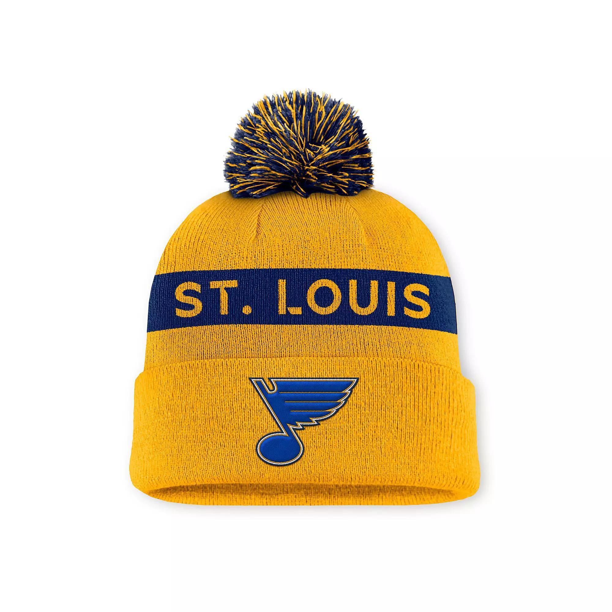 Women's Fanatics Gold/Navy St. Louis Blues Authentic Pro Rink Cuffed Knit Hat with Pom Product Image