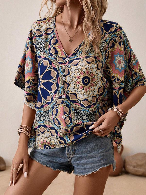 Batwing Sleeves Loose Buttoned Flower Print V-Neck Blouses&Shirts Tops Product Image