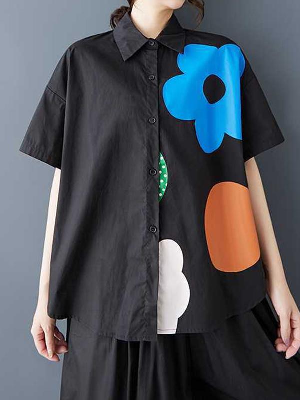 Loose Short Sleeves Buttoned Flower Print Lapel Blouses&Shirts Tops Product Image