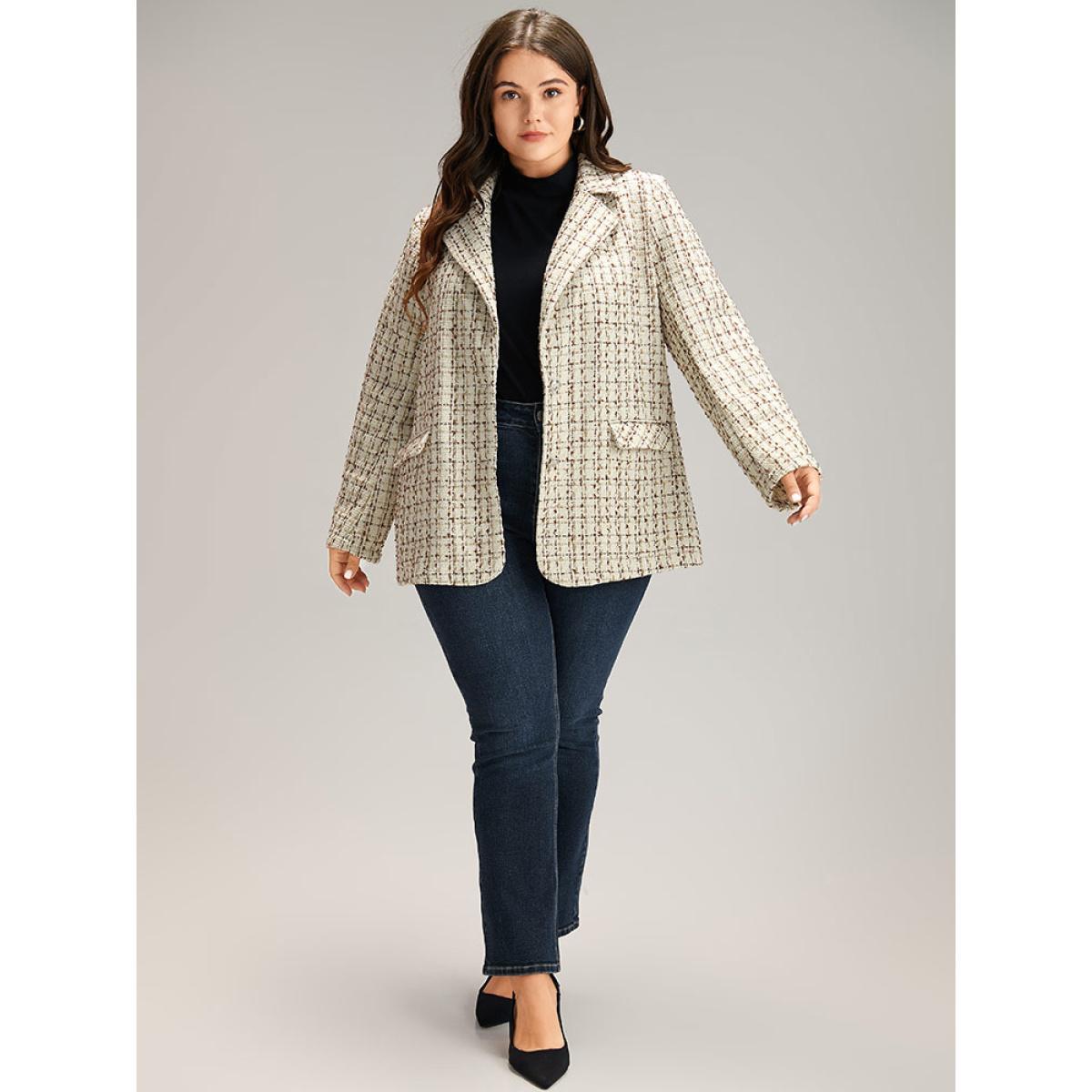 Plus Size Gingham Suit Collar Flap Pocket Blazer Ivory Women Dailywear Gingham Texture Sleeve Long Sleeve Suit Collar 28/5X Pocket Casual Blazers BloomChic Product Image