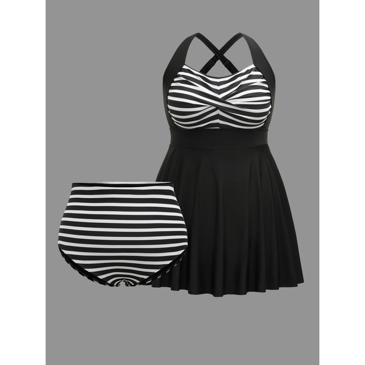 Plus Size Striped Twist Front Patchwork Swim Dress Women's Swimwear Black Beach Bodycon Heart neckline High stretch Curve Swim Dresses BloomChic 18-20/2X Product Image