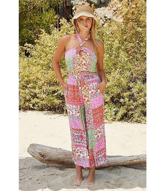 Lucky Brand Seville Color Block Printed Halter Neck Cropped Jumpsuit Product Image