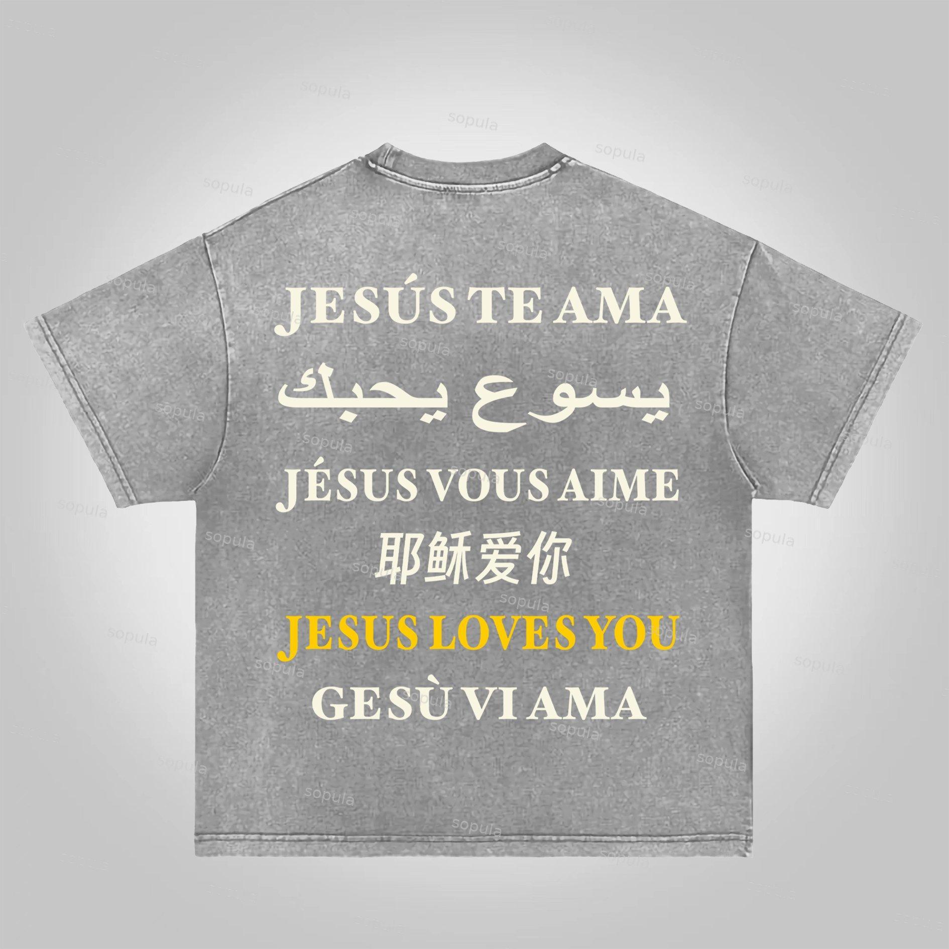 Sopula I Love Jesus. Jesus Loves The World Graphics Acid Washed T-shirt Product Image