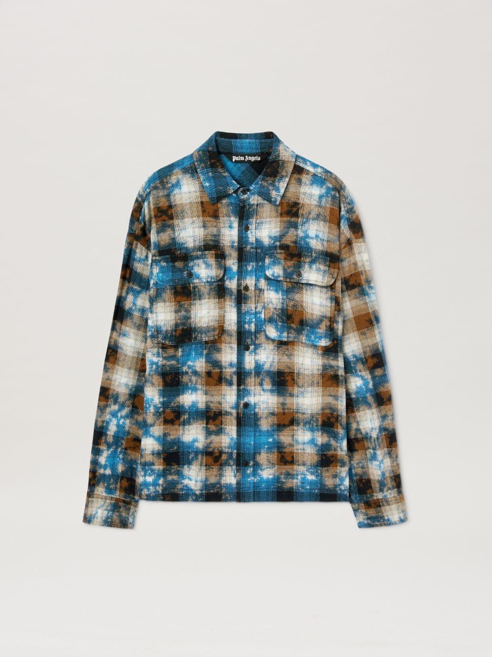 Curved logo Faded tartan shirt in  4003 light blue - off white  - Palm Angels® Official  Product Image