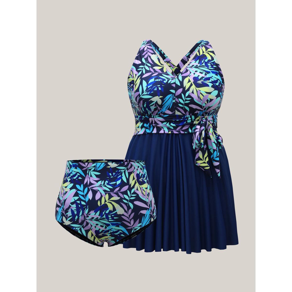 Plus Size Tropical Flowers Lace Tied Swim Dress Women's Swimwear Aegean Beach Bodycon V-neck High stretch Curve Swim Dresses BloomChic 14-16/1X Product Image