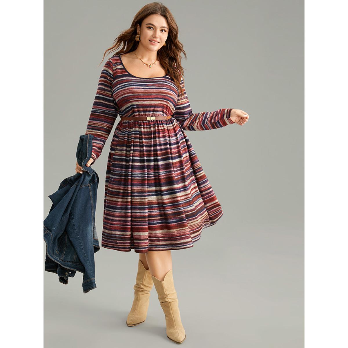 Plus Size Colour Striped Heather Elastic Waist Scoop Neck Dress Multicolor Women Casual Printed Scoop Neck Long Sleeve Curvy Midi Dress BloomChic 12/L Product Image