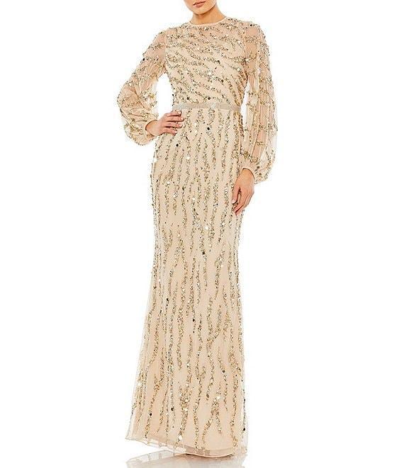 Mac Duggal Beaded Sequin High Crew Neck Long Sheer Puff Sleeve Gown Product Image