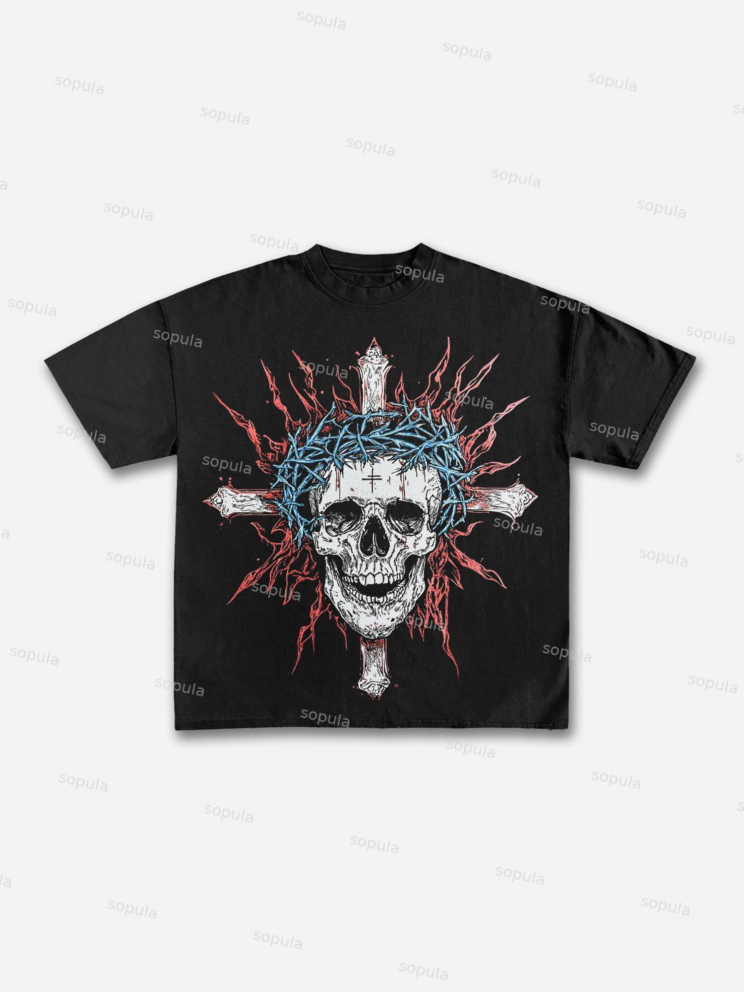 Cross Skull Graphic Print Cotton T-shirt Product Image